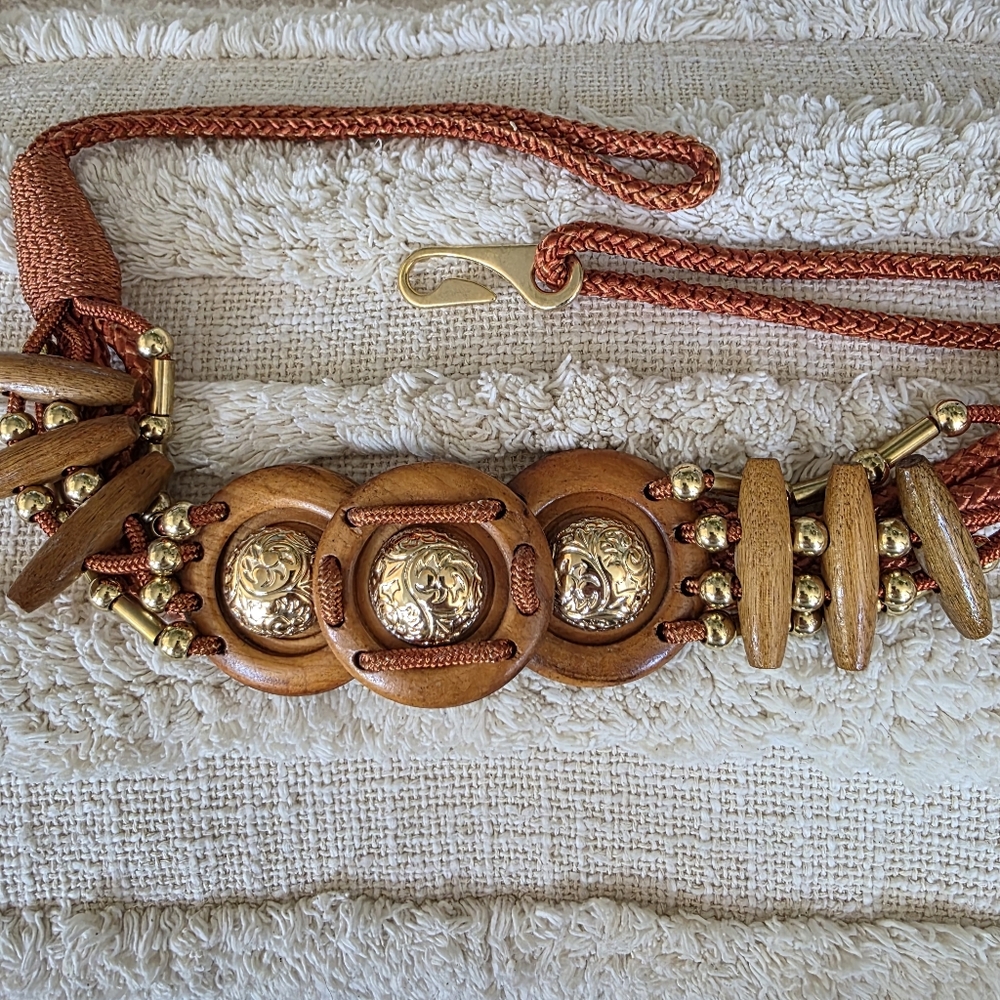 Nylon Belt With Wood Beads And Gold Accents